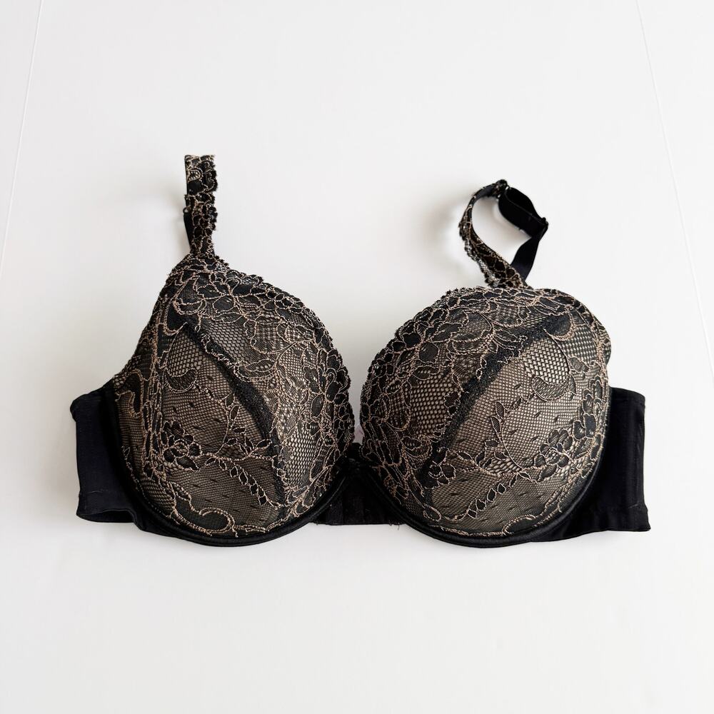 [Cacique] Black Mesh Plunge Floral Lace Padded Push-Up Underwire Bra Size 40D